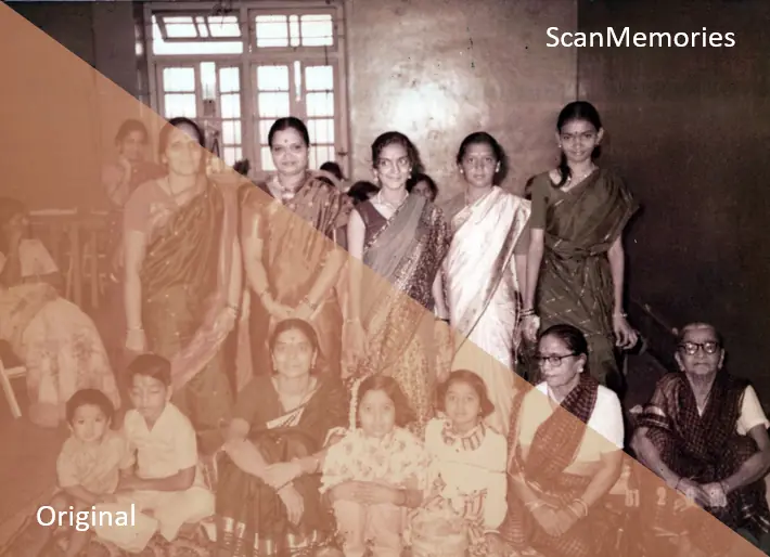 A family photograph restored by ScanMemories, shown before and after