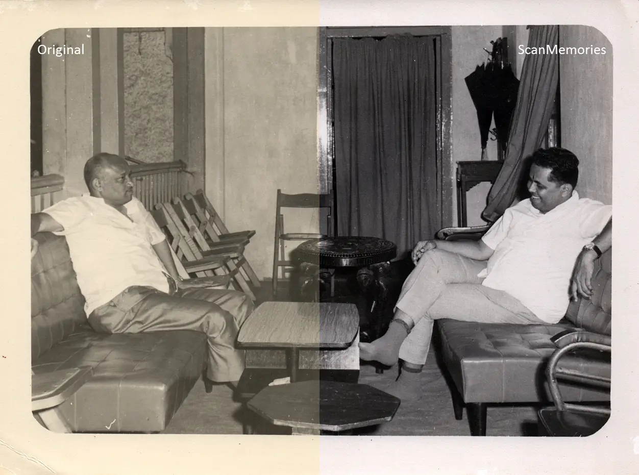 Before and after restoration of a 1960s black-and-white living-room photograph, split down the middle to show the original and the cleaned scan