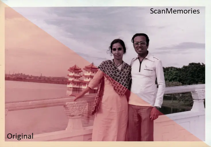 1970s family photograph restored by ScanMemories, shown as a before-and-after comparison