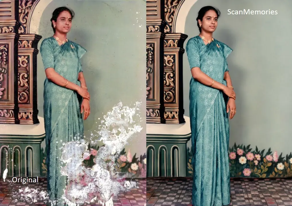 An old colour family photograph beside its restored ScanMemories scan