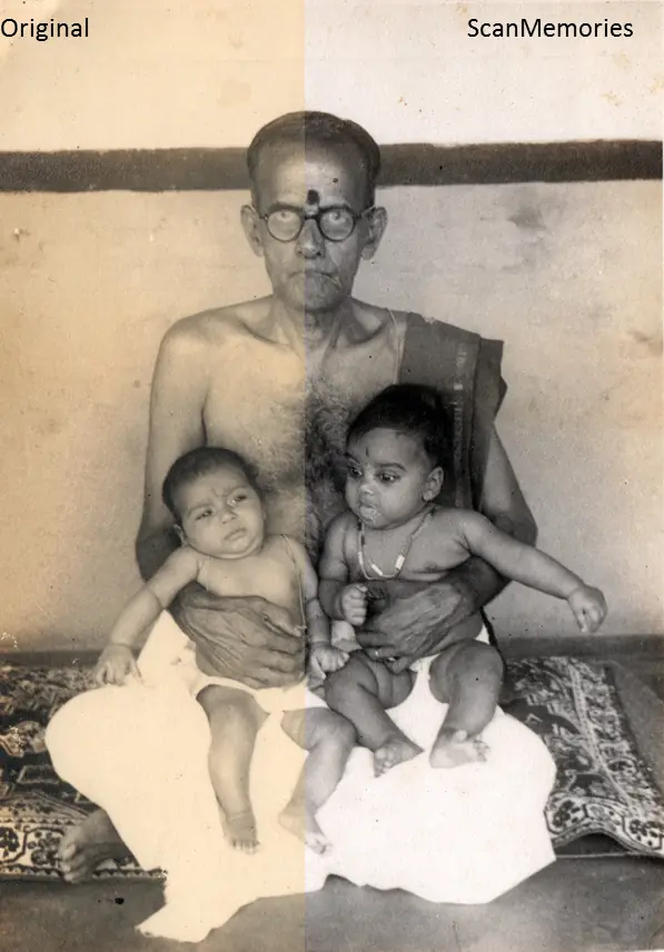 1940s black-and-white portrait, shown part-restored by ScanMemories — creases and yellowing lifted from the original print