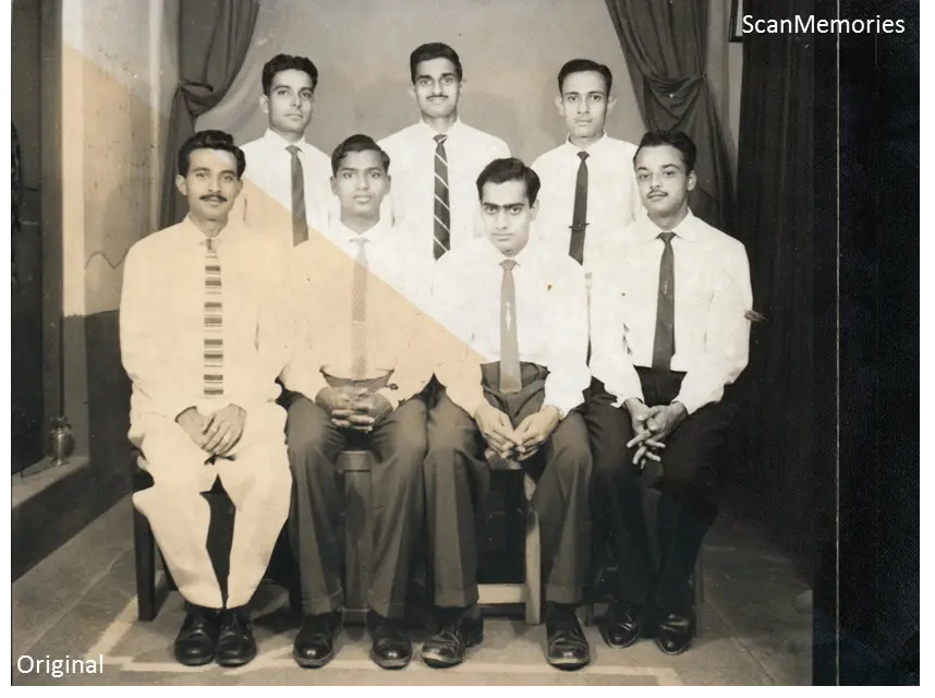 1950s group portrait of seven men in shirts and ties, with a diagonal split showing the faded original against the restored scan